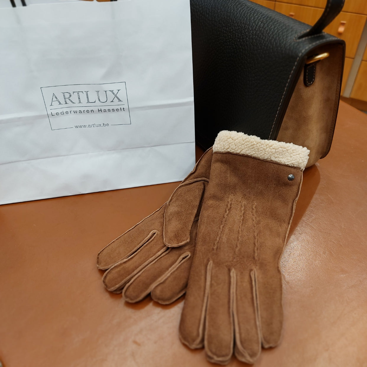 Handschoenen dames leder imitatiebont camel