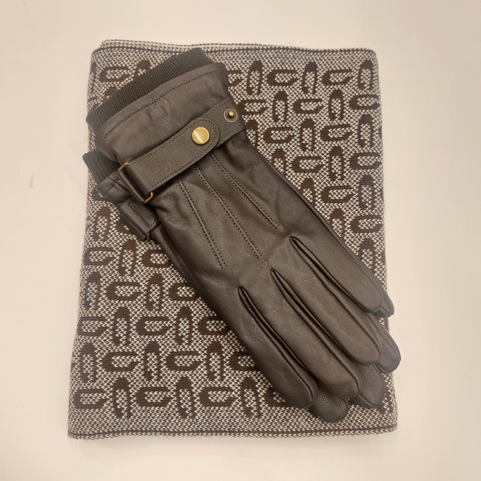 Handschoenen heren leder met fleece Smarttouch bruin