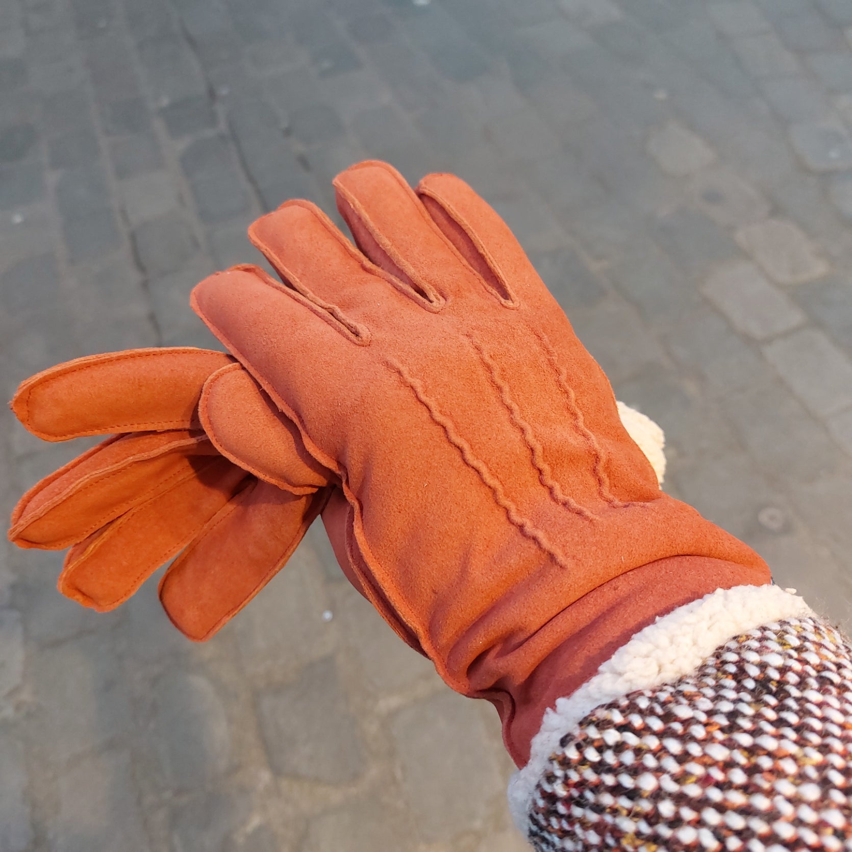 Handschoenen dames leder imitatiebont mandarine