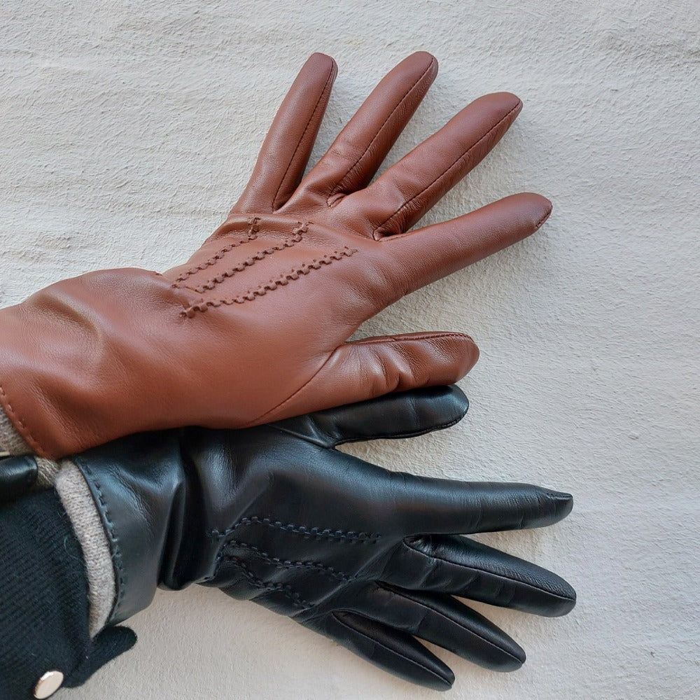 Handschoenen dames leder/cachemire cognac