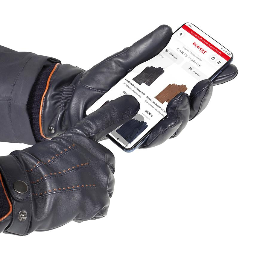 Handschoenen heren leder met fleece Smarttouch zwart